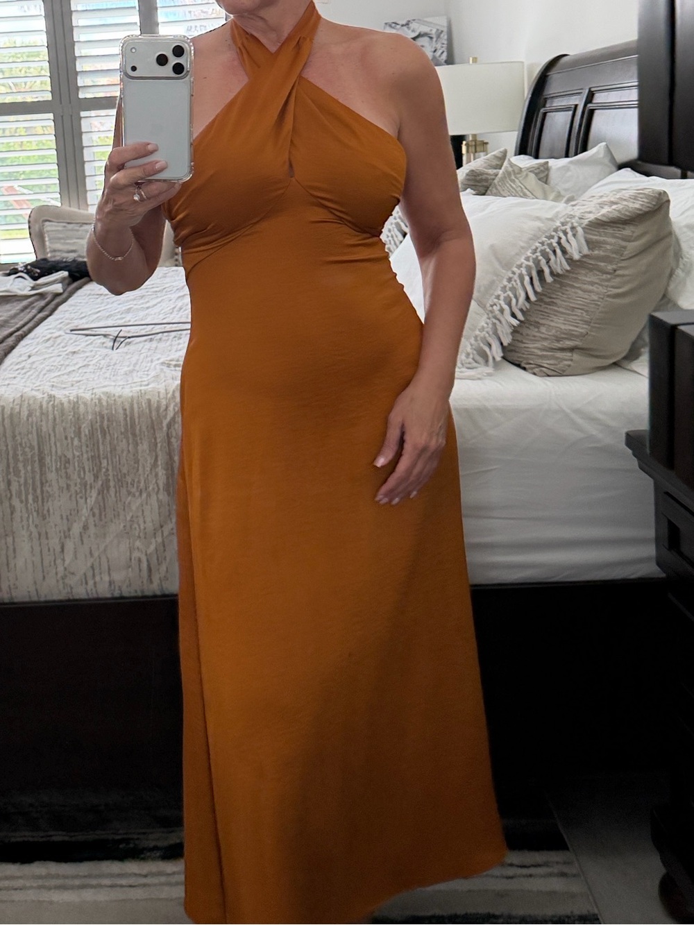 House of Harlow 1960 One-Shoulder Halter Maxi Dress in Rust Orange